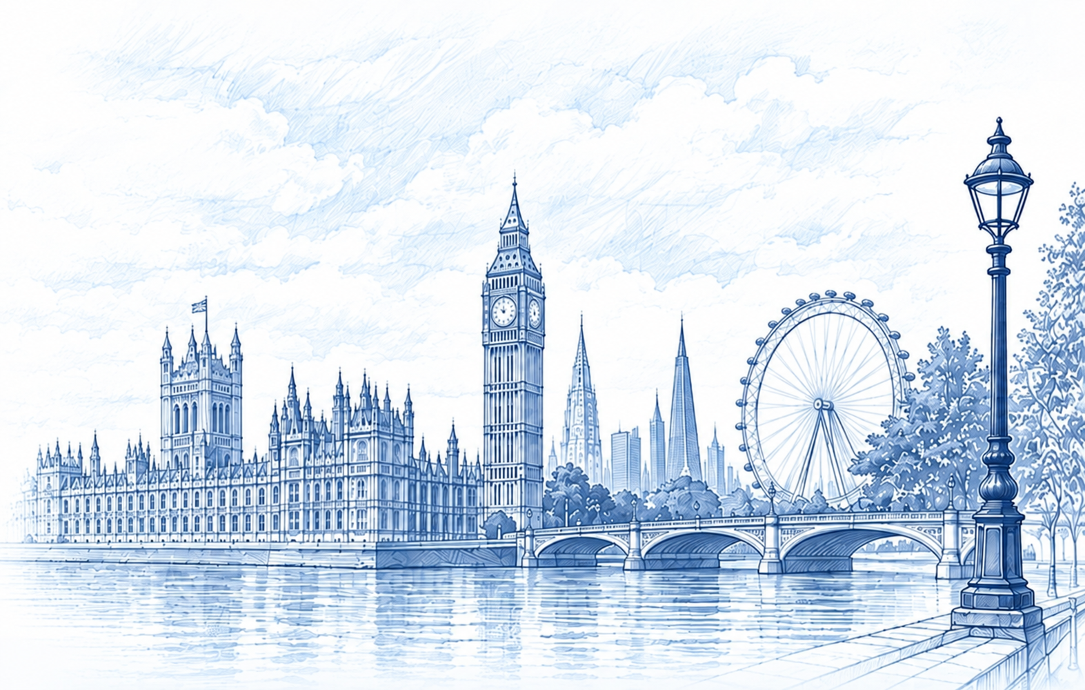 Stylised London skyline including Westminster and the London Eye